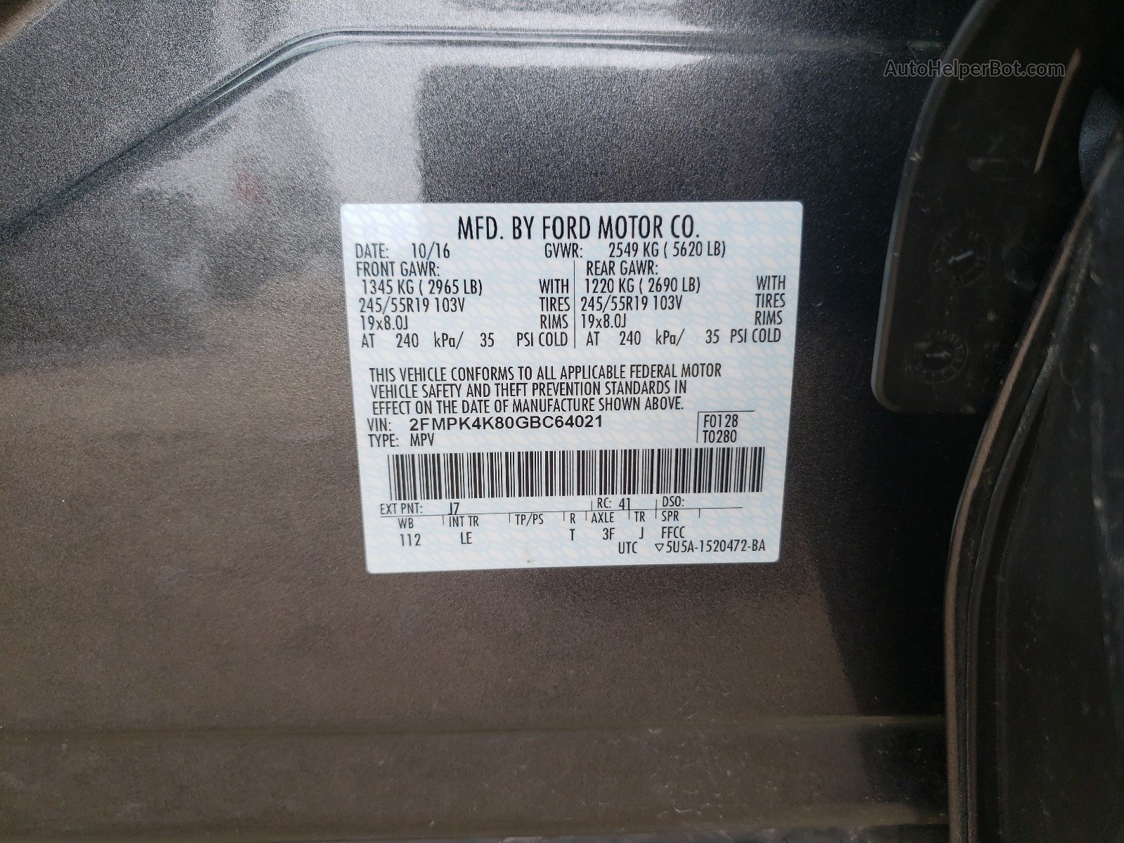 2016 Ford Edge Titanium Серый vin: 2FMPK4K80GBC64021