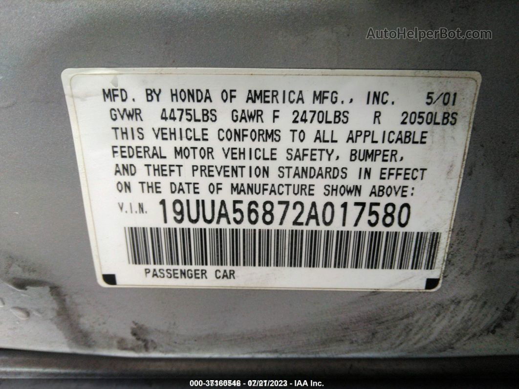 2002 Acura Tl Type S Silver vin: 19UUA56872A017580