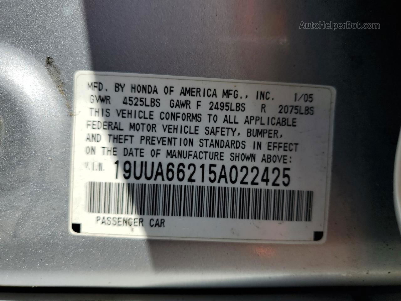 2005 Acura Tl  Серебряный vin: 19UUA66215A022425