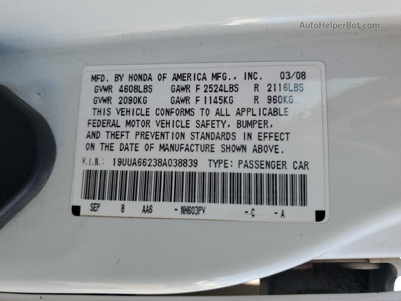 2008 Acura Tl  White vin: 19UUA66238A038839