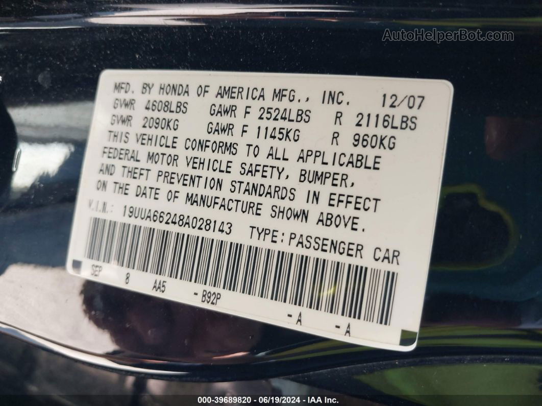 2008 Acura Tl 3.2 Black vin: 19UUA66248A028143