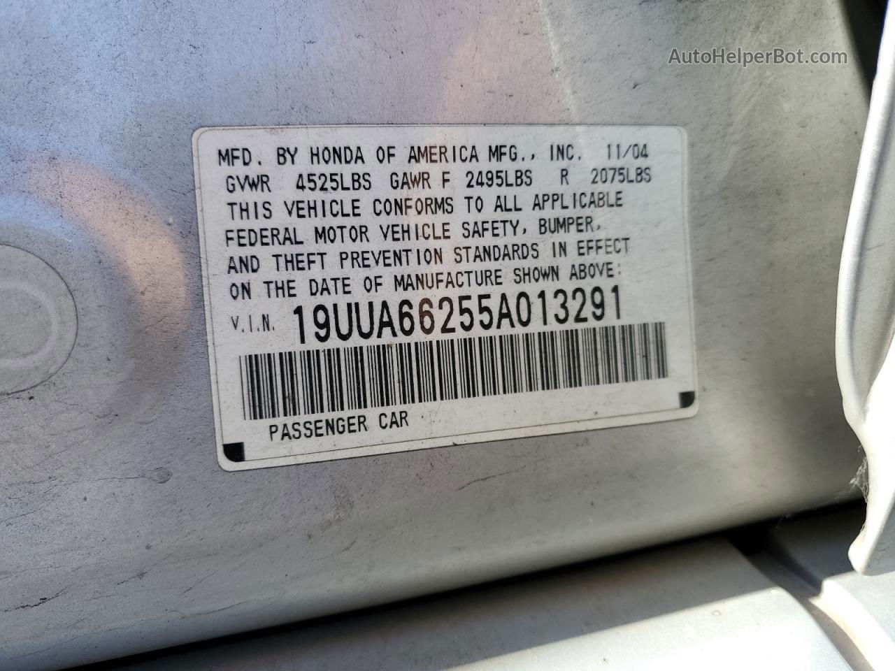 2005 Acura Tl  Серебряный vin: 19UUA66255A013291