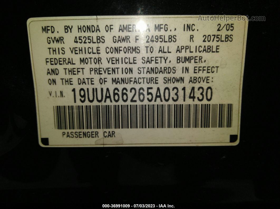 2005 Acura Tl   Black vin: 19UUA66265A031430