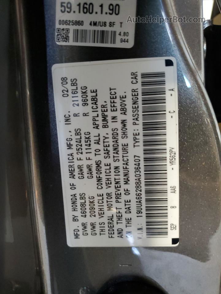 2008 Acura Tl  Серый vin: 19UUA66288A036407