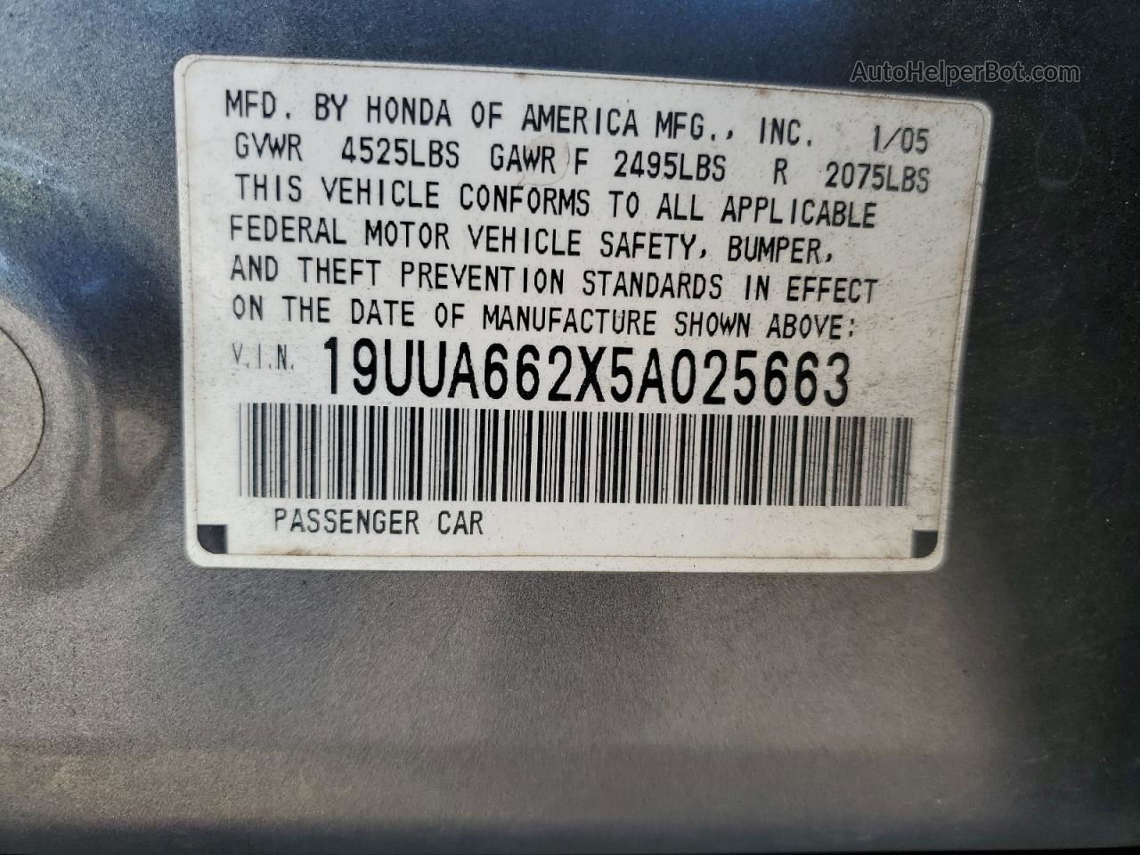 2005 Acura Tl  Gray vin: 19UUA662X5A025663