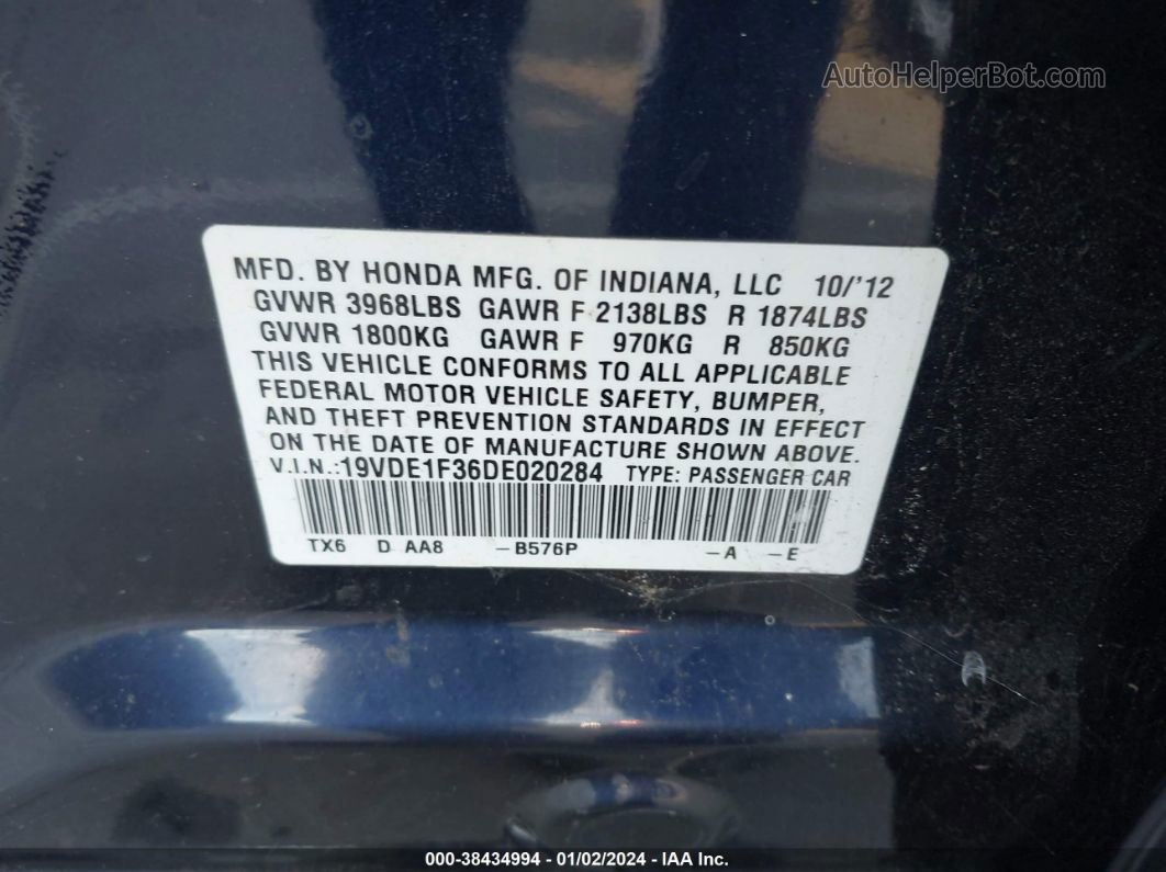 2013 Acura Ilx 2.0l Dark Blue vin: 19VDE1F36DE020284