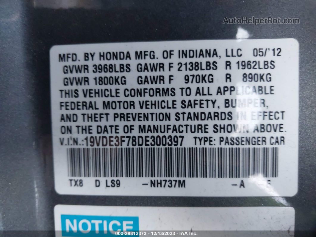 2013 Acura Ilx Hybrid 1.5l Gray vin: 19VDE3F78DE300397