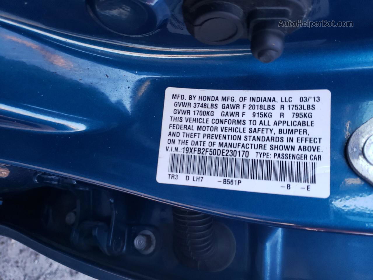 2013 Honda Civic Lx Blue vin: 19XFB2F50DE230170