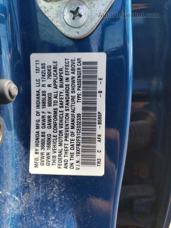2012 Honda Civic Lx Blue vin: 19XFB2F51CE032339