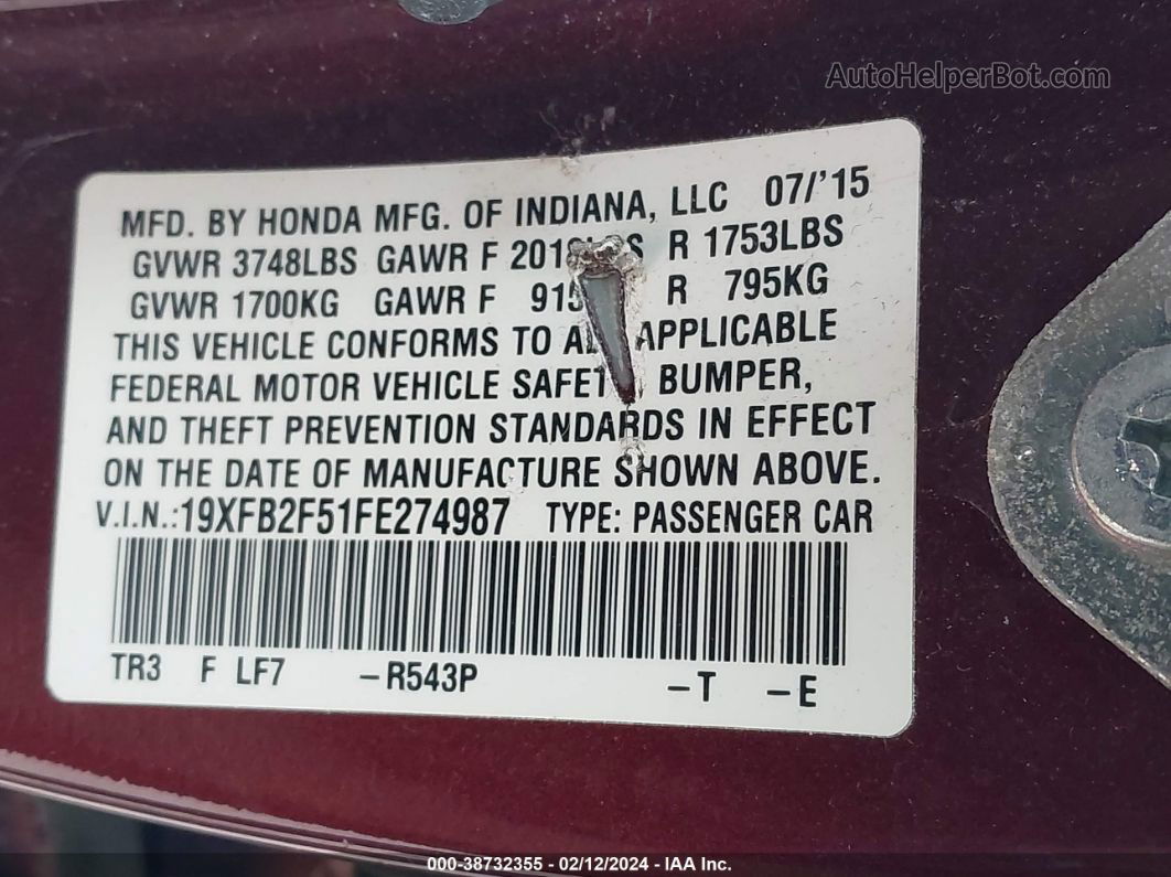 2015 Honda Civic Lx Burgundy vin: 19XFB2F51FE274987