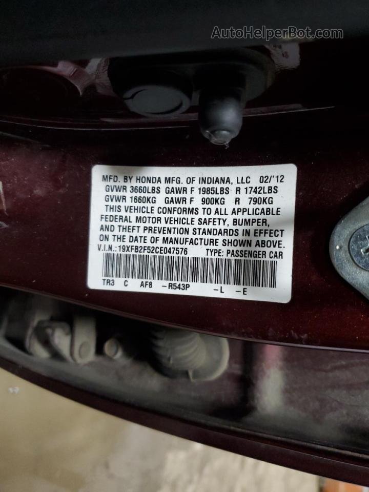 2012 Honda Civic Lx Бордовый vin: 19XFB2F52CE047576