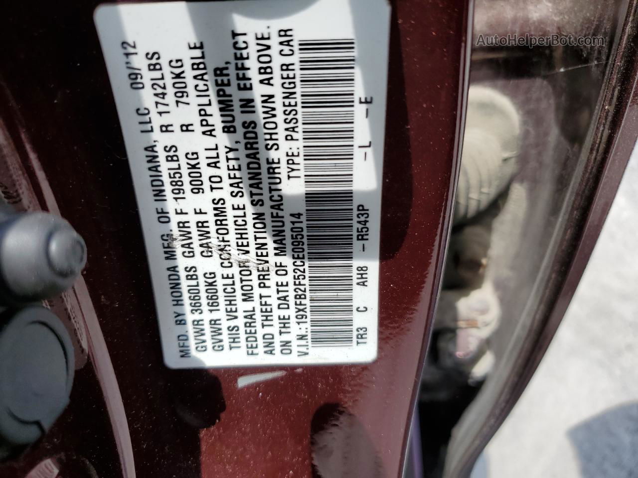 2012 Honda Civic Lx Burgundy vin: 19XFB2F52CE095014