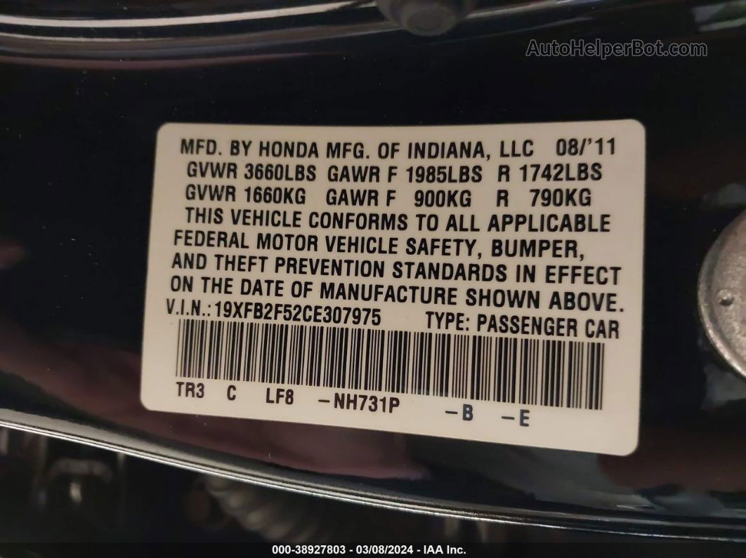 2012 Honda Civic Lx Black vin: 19XFB2F52CE307975