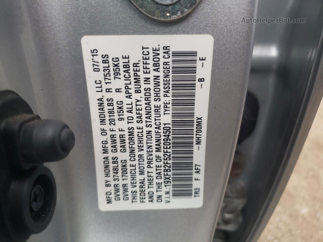 2015 Honda Civic Lx Серебряный vin: 19XFB2F52FE094501