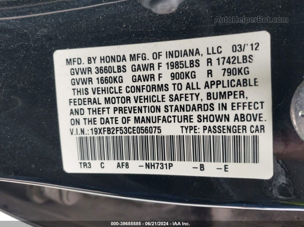 2012 Honda Civic Lx Black vin: 19XFB2F53CE056075