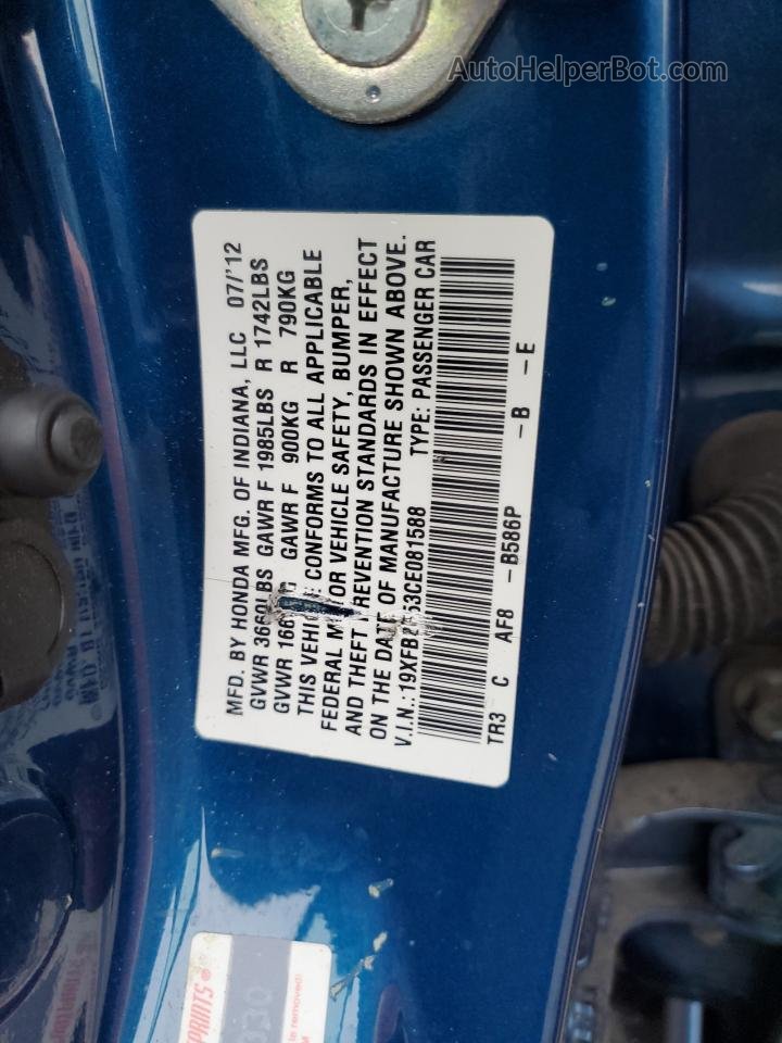 2012 Honda Civic Lx Синий vin: 19XFB2F53CE081588