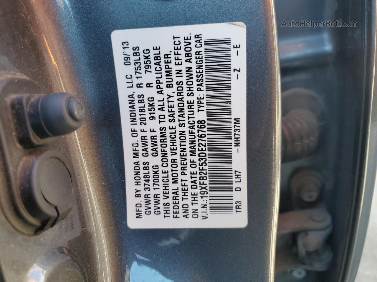 2013 Honda Civic Lx Угольный vin: 19XFB2F53DE276768