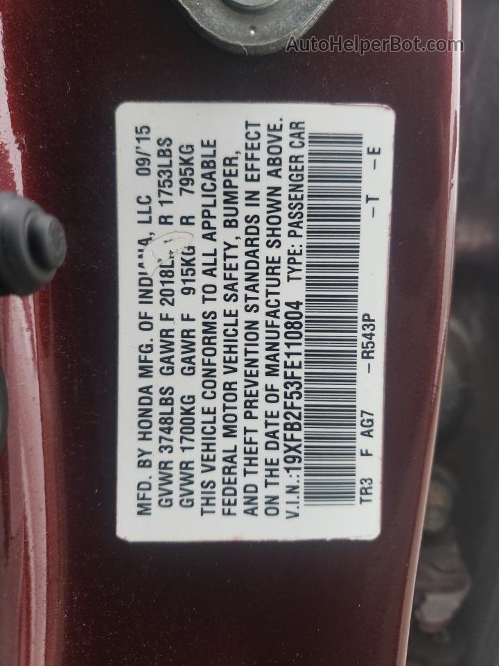 2015 Honda Civic Lx Burgundy vin: 19XFB2F53FE110804