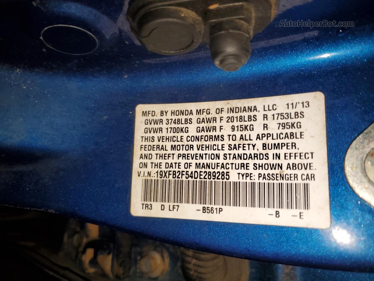 2013 Honda Civic Lx Blue vin: 19XFB2F54DE289285