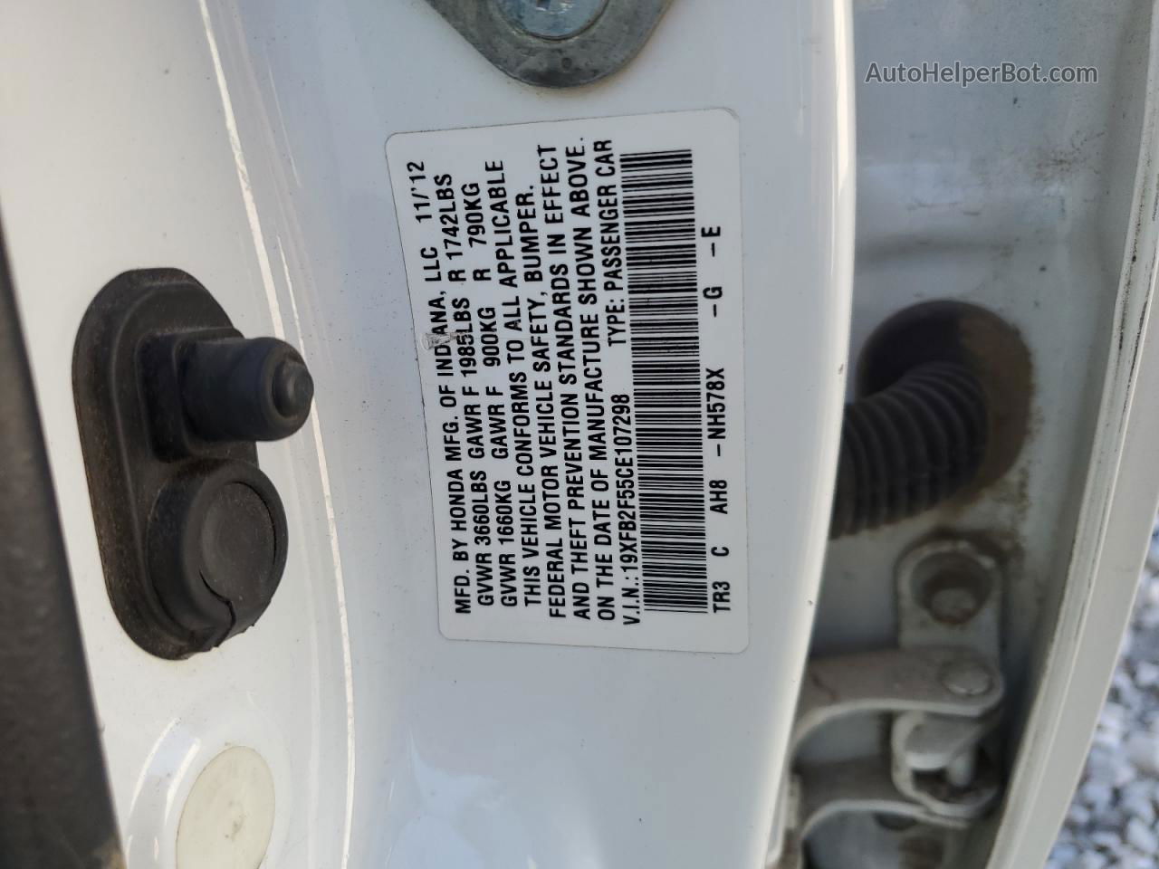 2012 Honda Civic Lx Белый vin: 19XFB2F55CE107298