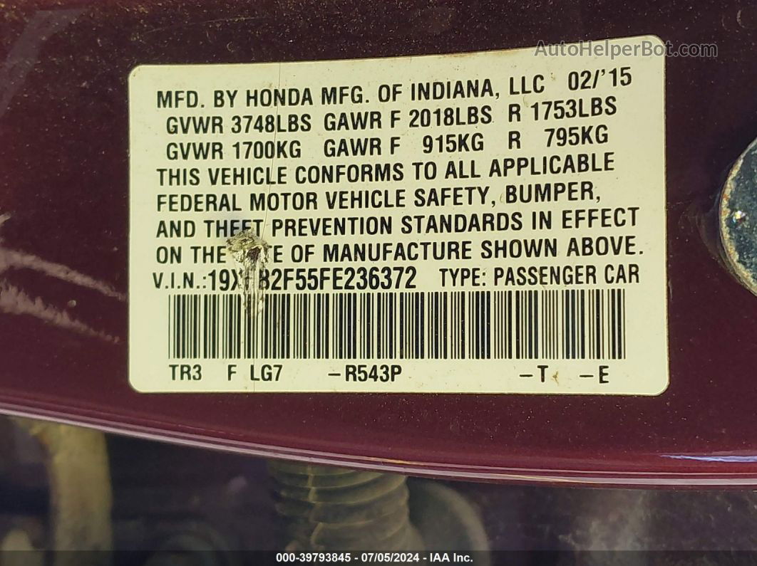 2015 Honda Civic Lx Red vin: 19XFB2F55FE236372