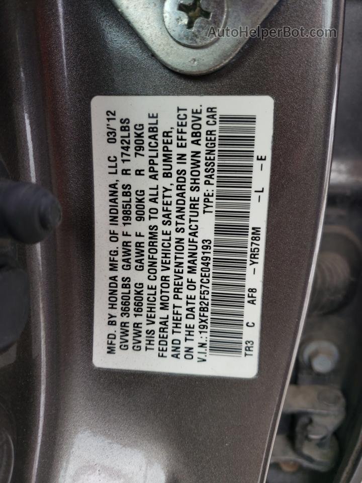 2012 Honda Civic Lx Gray vin: 19XFB2F57CE049193