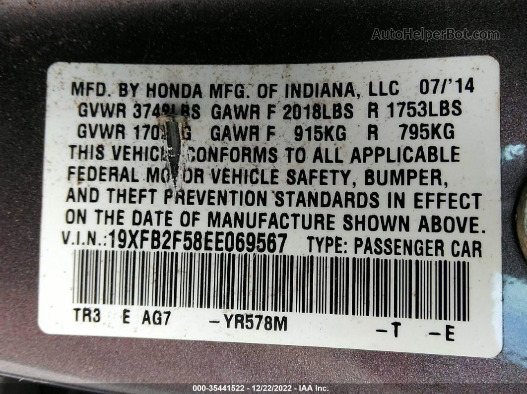 2014 Honda Civic Lx Gray vin: 19XFB2F58EE069567