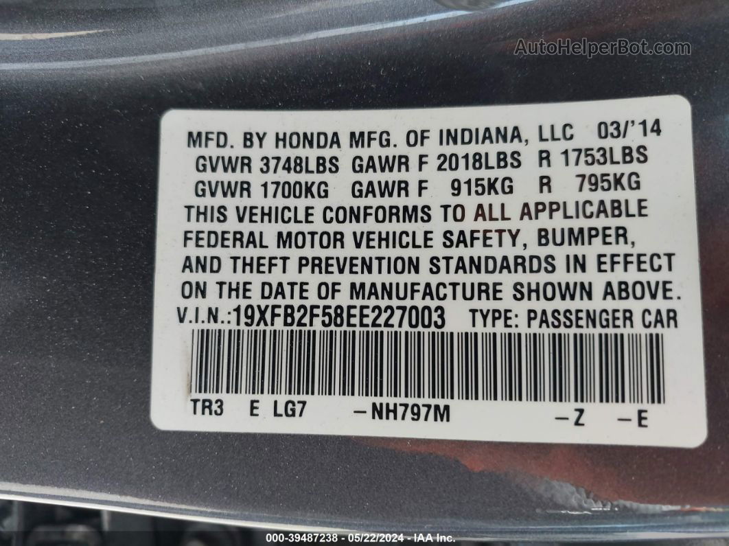 2014 Honda Civic Lx Gray vin: 19XFB2F58EE227003