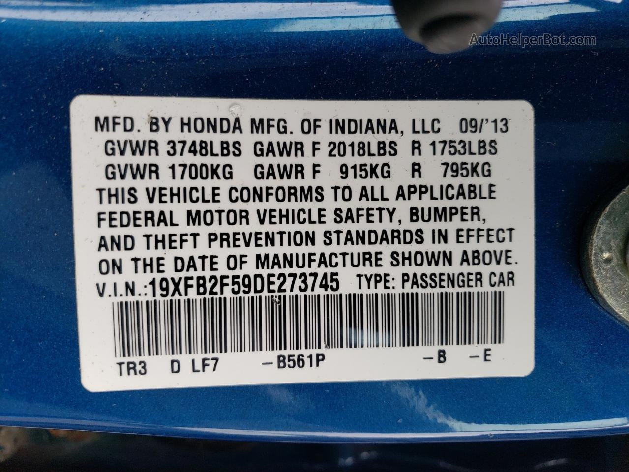 2013 Honda Civic Lx Blue vin: 19XFB2F59DE273745