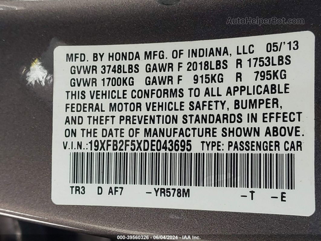 2013 Honda Civic Lx Gray vin: 19XFB2F5XDE043695