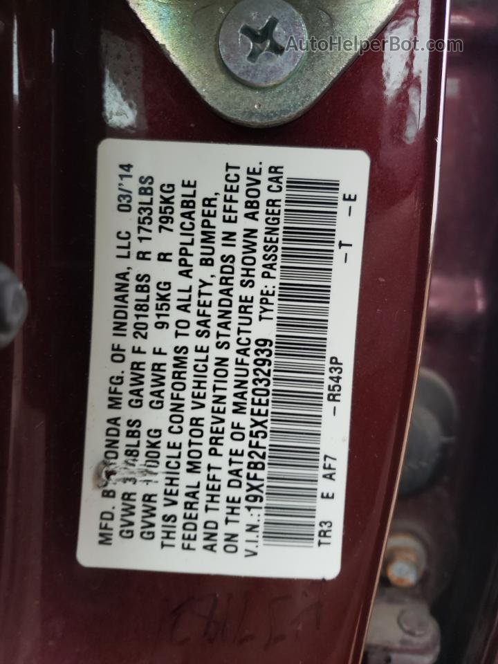 2014 Honda Civic Lx Burgundy vin: 19XFB2F5XEE032939