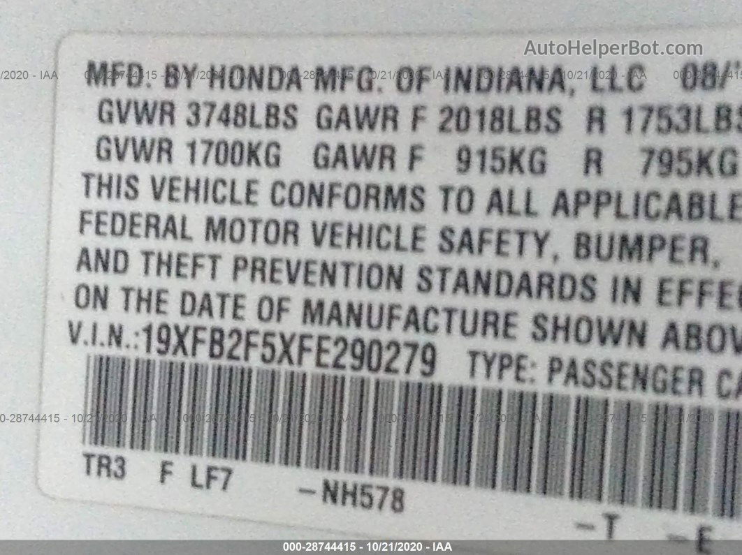 2015 Honda Civic Lx White vin: 19XFB2F5XFE290279