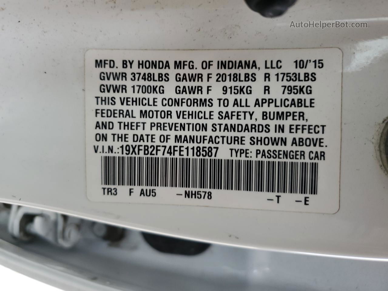 2015 Honda Civic Se White vin: 19XFB2F74FE118587