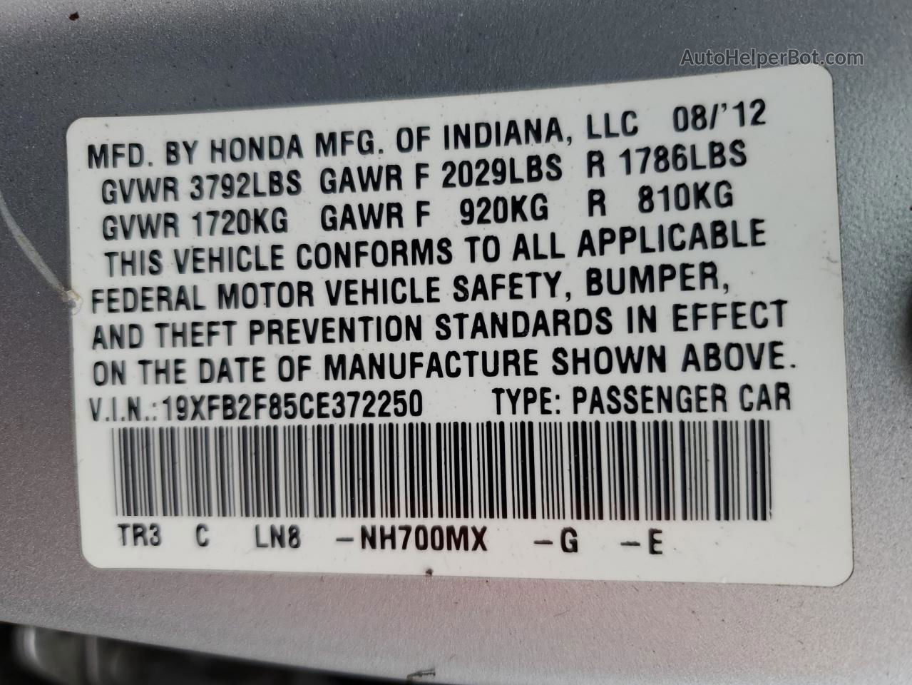 2012 Honda Civic Ex Silver vin: 19XFB2F85CE372250