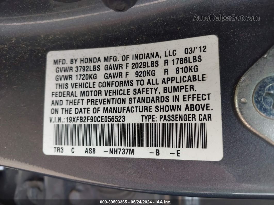 2012 Honda Civic Ex-l Gray vin: 19XFB2F90CE056523