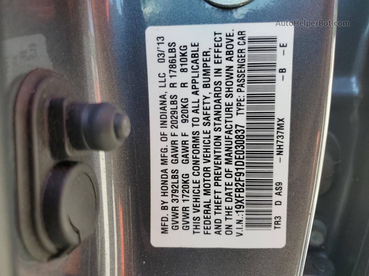 2013 Honda Civic Exl Gray vin: 19XFB2F91DE030837