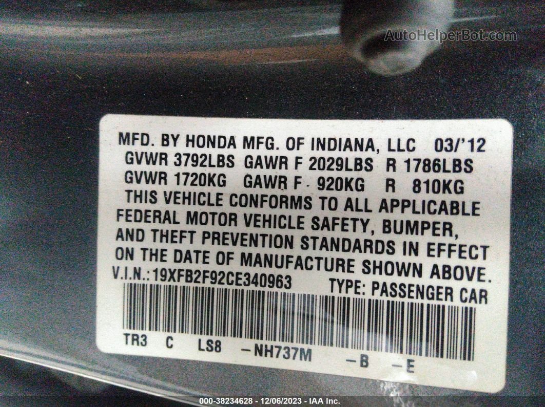 2012 Honda Civic Ex-l Gray vin: 19XFB2F92CE340963