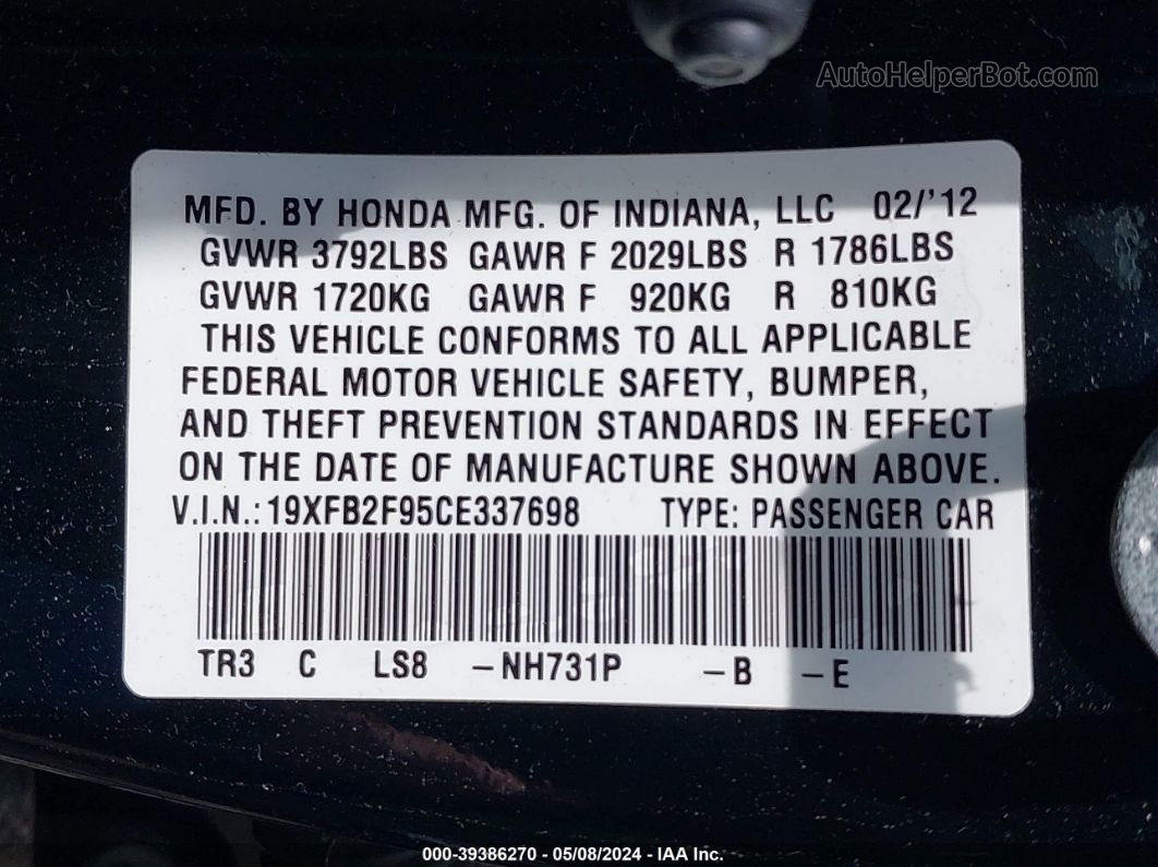 2012 Honda Civic Ex-l Black vin: 19XFB2F95CE337698