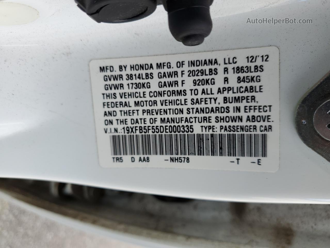 2013 Honda Civic Natural Gas White vin: 19XFB5F55DE000335