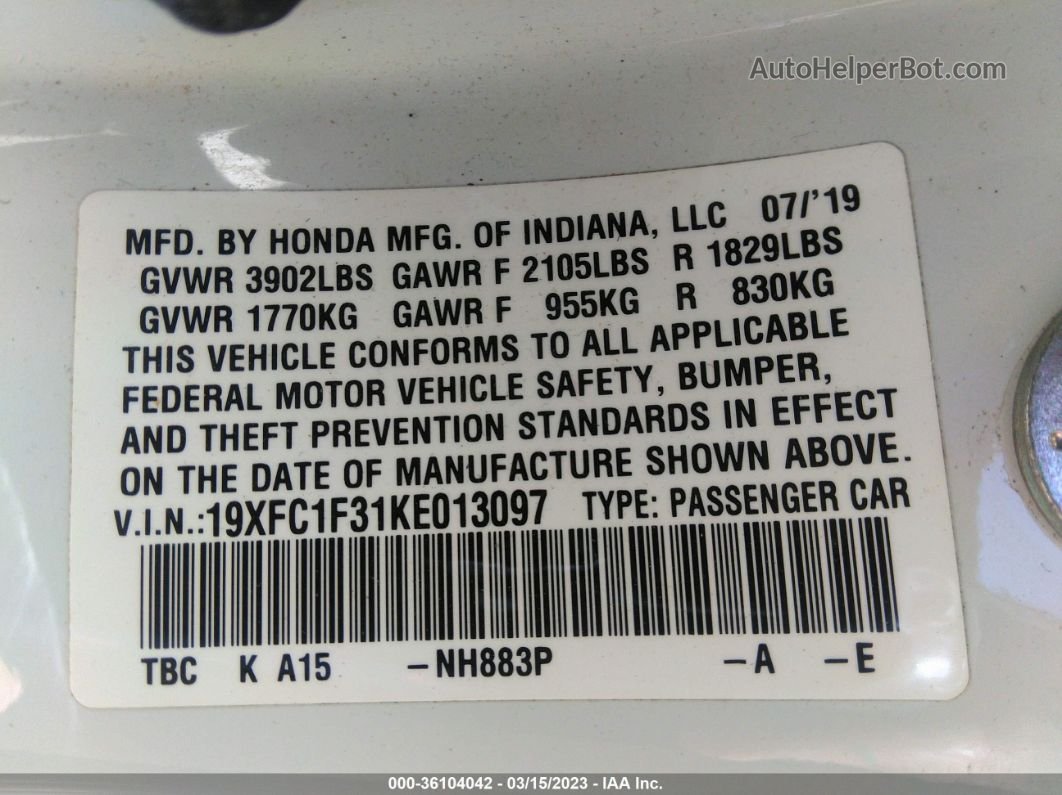 2019 Honda Civic Sedan Ex White vin: 19XFC1F31KE013097