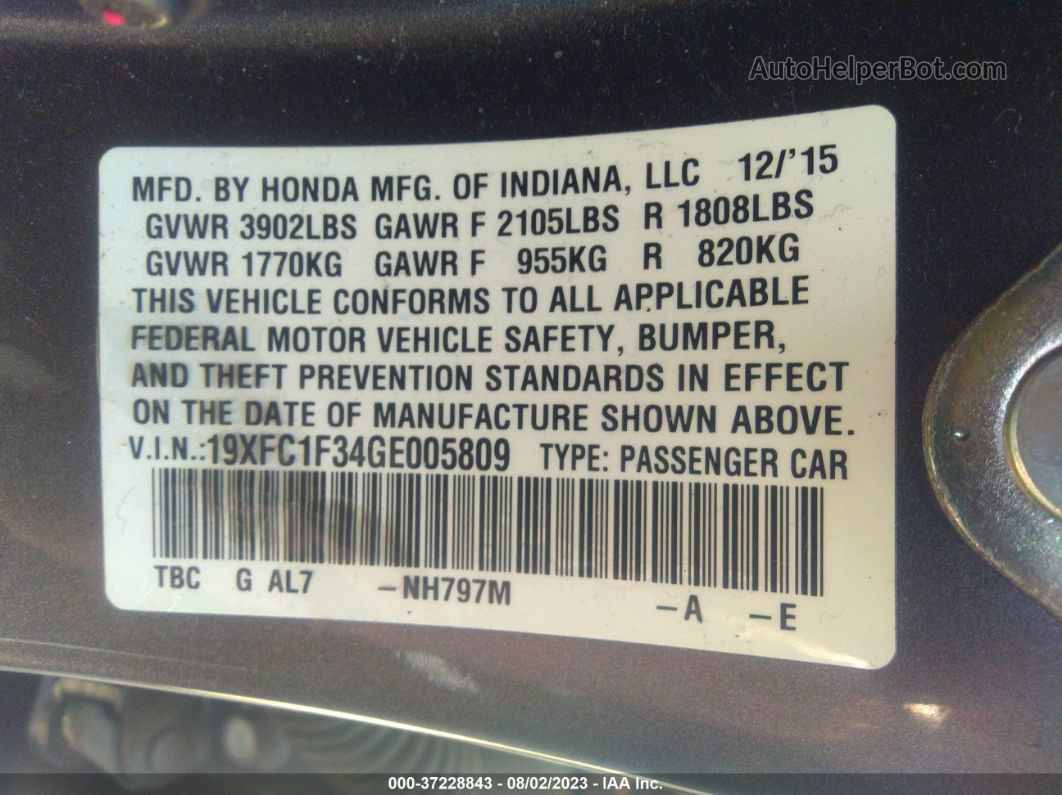 2016 Honda Civic Sedan Ex-t Gray vin: 19XFC1F34GE005809