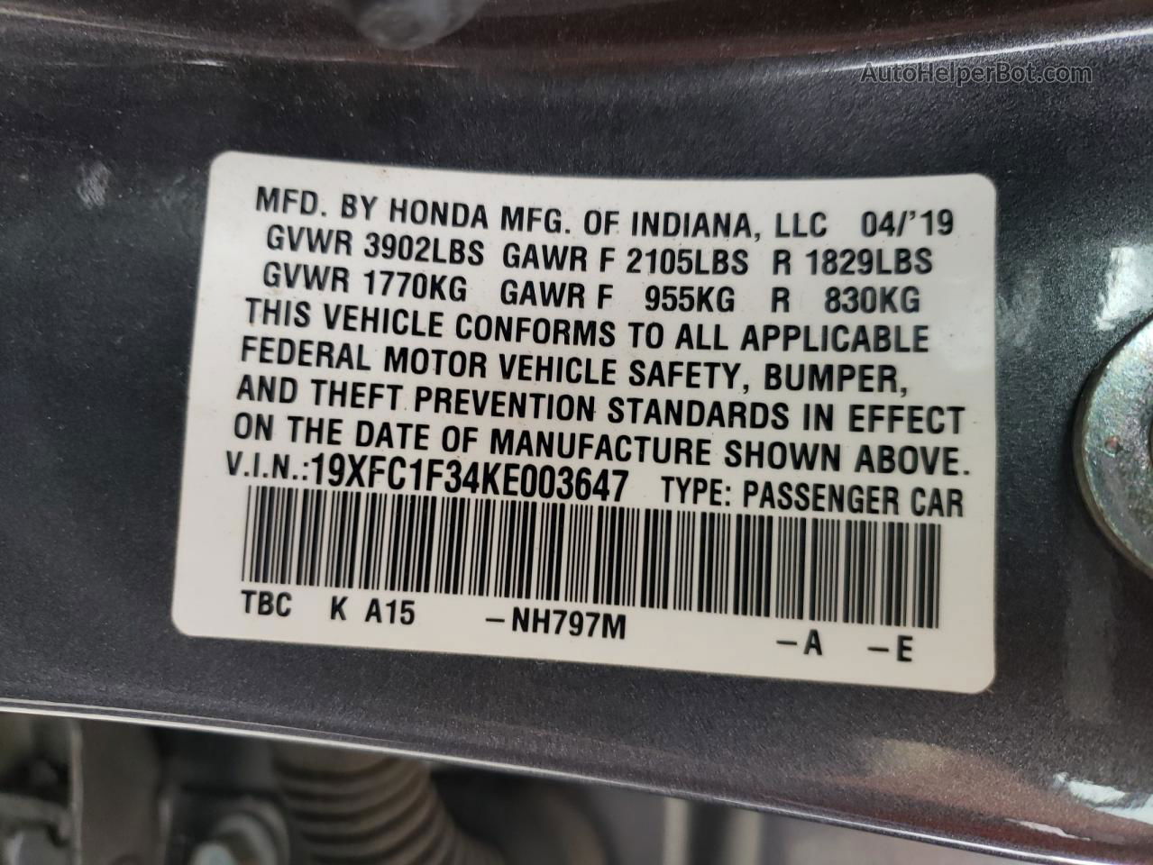 2019 Honda Civic Ex Gray vin: 19XFC1F34KE003647