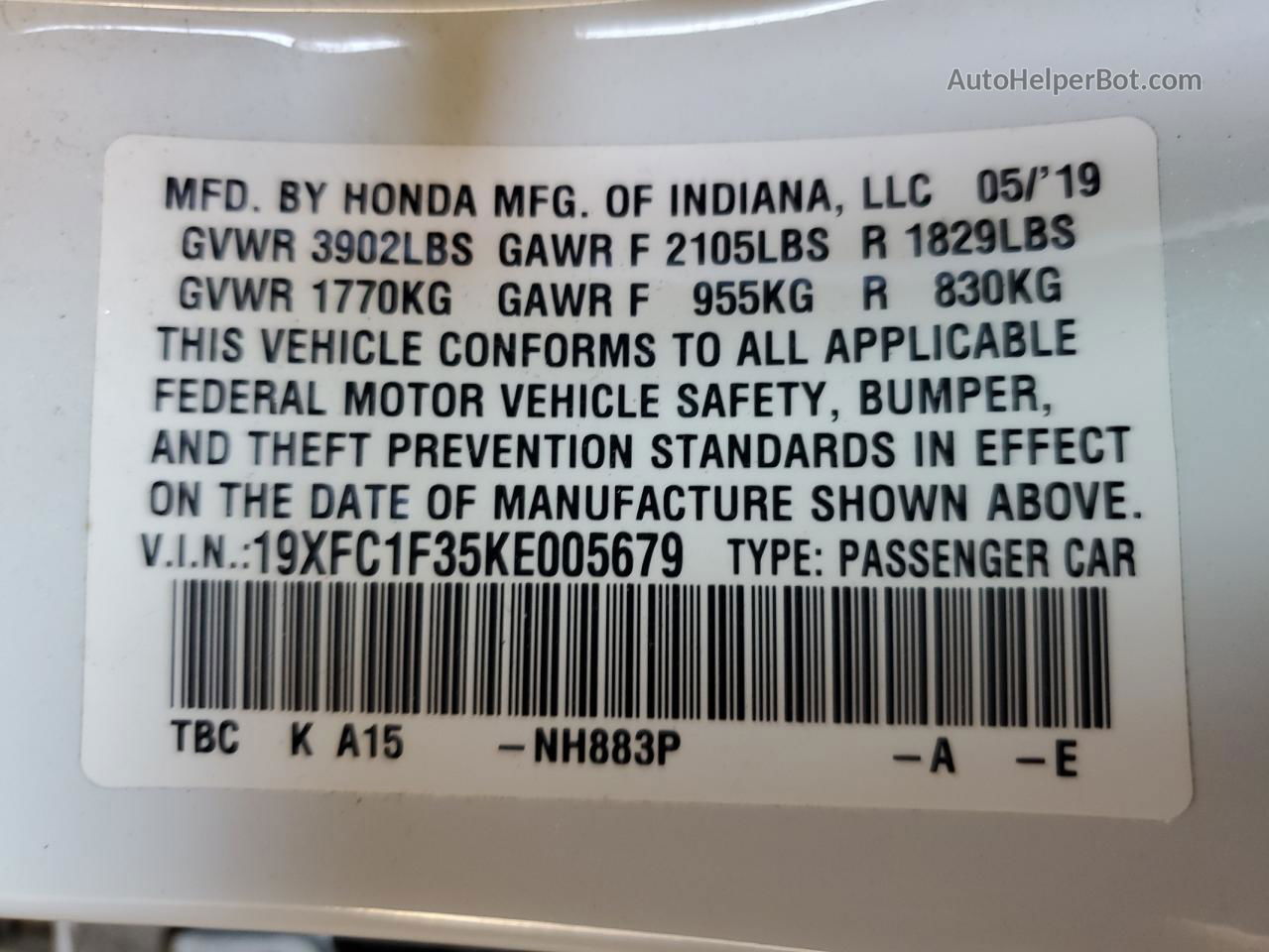 2019 Honda Civic Ex White vin: 19XFC1F35KE005679