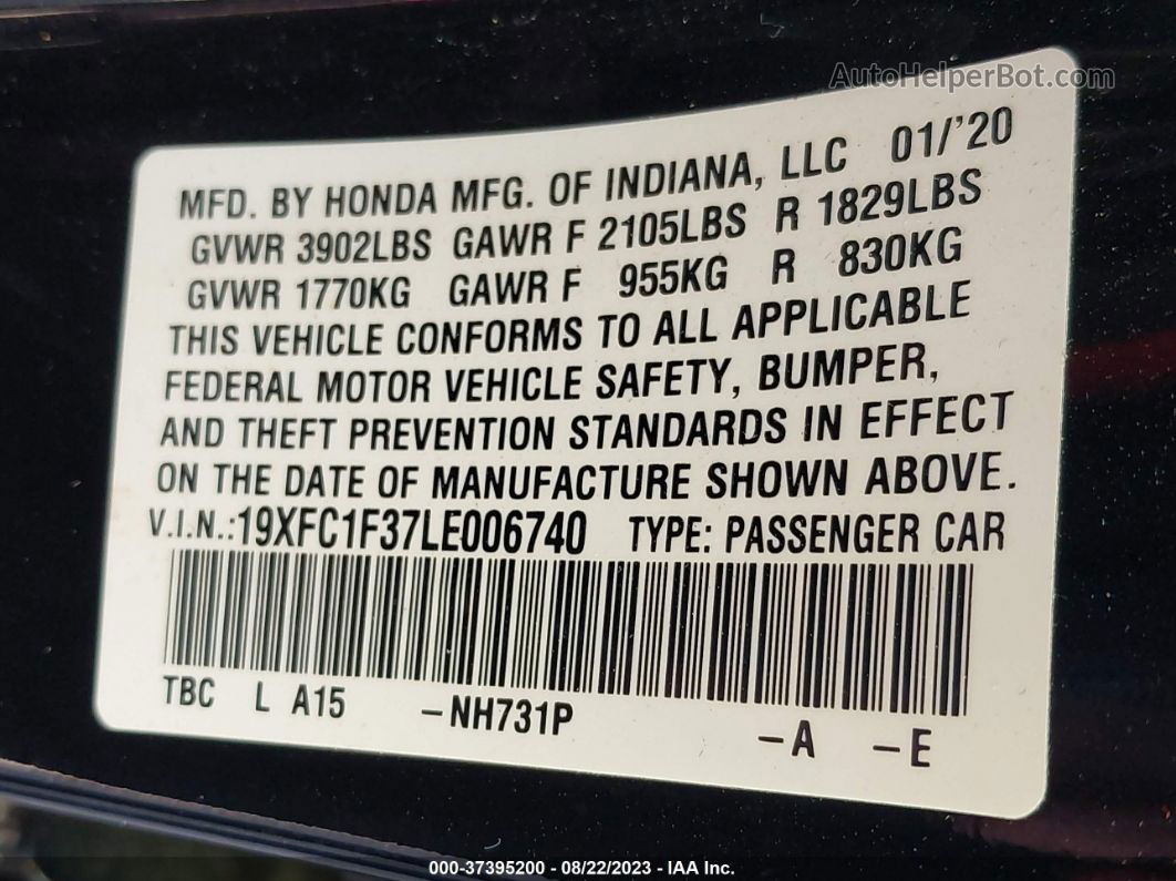 2020 Honda Civic Sedan Ex Black vin: 19XFC1F37LE006740