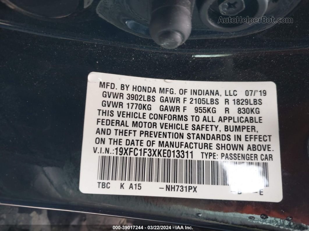 2019 Honda Civic Ex Черный vin: 19XFC1F3XKE013311