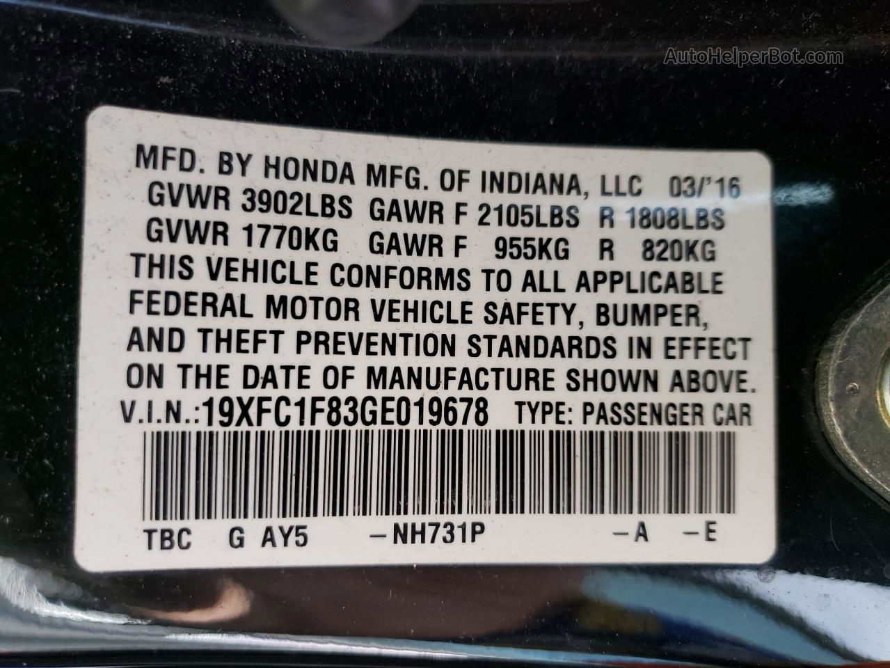 2016 Honda Civic Ex Black vin: 19XFC1F83GE019678