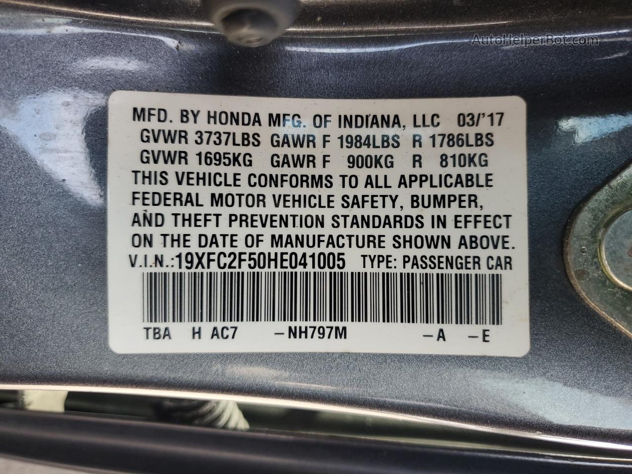 2017 Honda Civic Lx Угольный vin: 19XFC2F50HE041005
