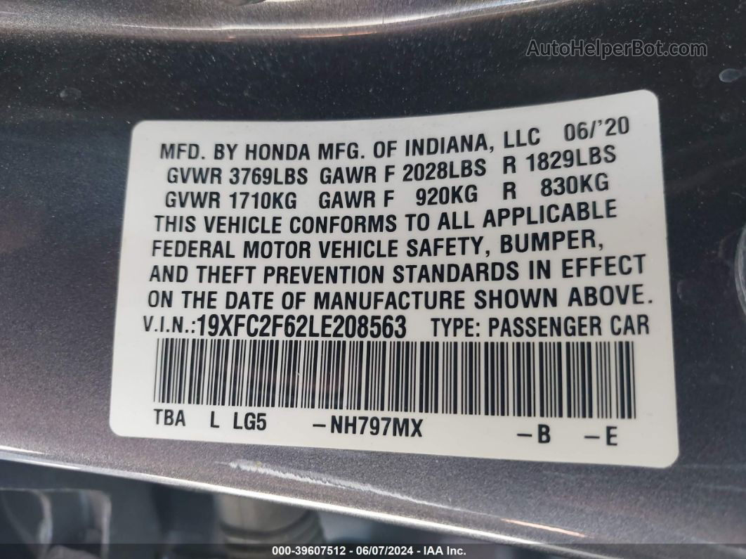 2020 Honda Civic Lx Gray vin: 19XFC2F62LE208563