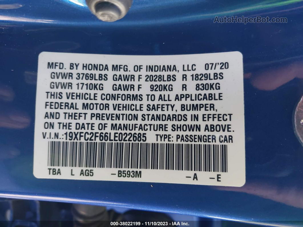 2020 Honda Civic Lx  Синий vin: 19XFC2F66LE022685