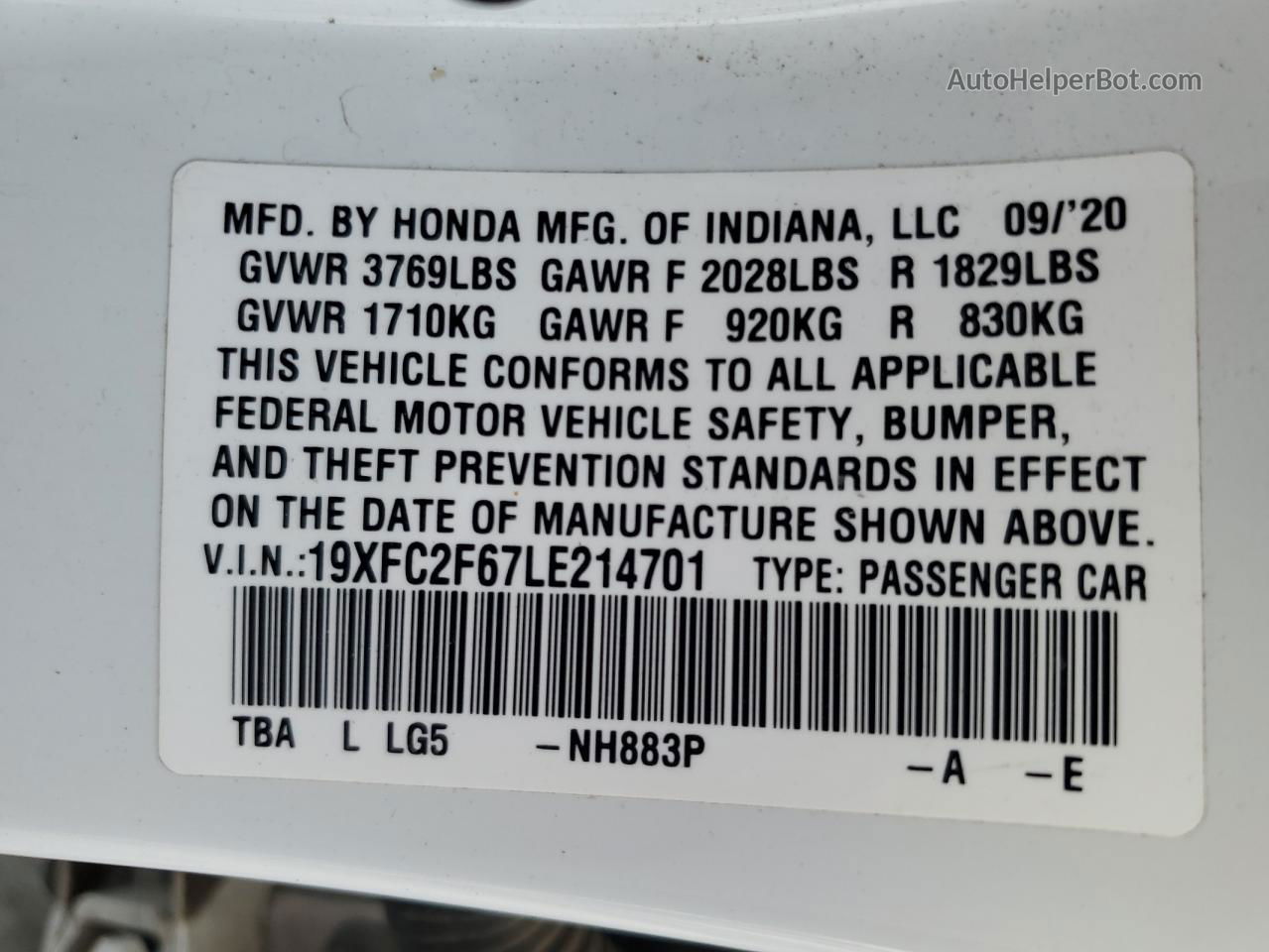 2020 Honda Civic Lx White vin: 19XFC2F67LE214701